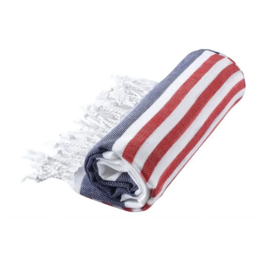 4 Red White Blue Striped Beach Bath Towels - 100% Turkish Cotton